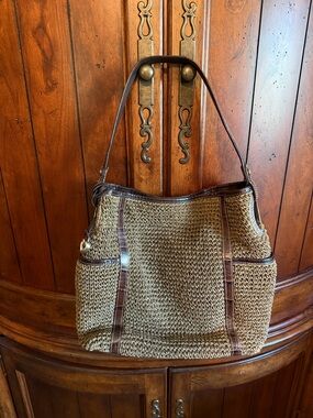 Brighton Woven Straw Shoulder Bag with Dark Brown Trim
